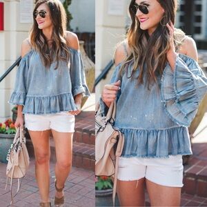 Cavalini Chambray Denim Boho Off Shoulder Ruffled Too